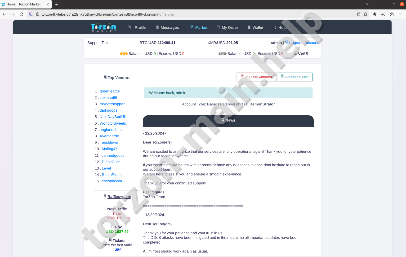 Torzon Market Home Dashboard - User Interface